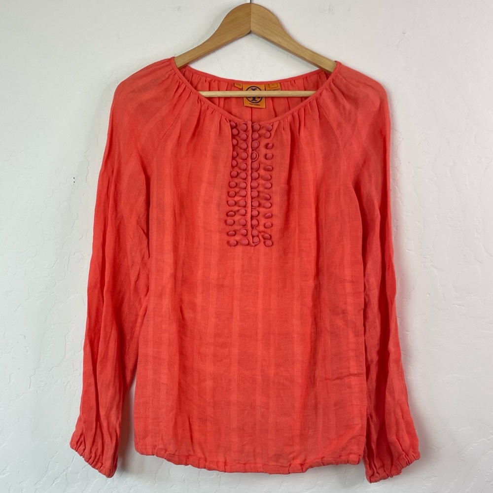 Tory Burch 100% Linen Boho Long Balloon Sleeve Button Front Top Blouse Size 8
